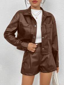 SHEIN Essnce 口袋細節前紐帶女士夾克和短褲套裝 - 棕色 - 查看 3
