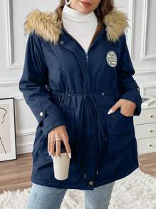 Calvaya Plus Patched Detail Drawstring Fuzzy Trim Hooded Parka Coat Cushioned Nhiệt, Cho Quần Áo Mùa Đông - Màu xanh hải quân - Xem 6