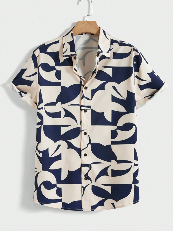 HIMLAND Men's Geometric Pattern Woven Shirt For Summer