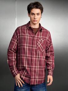 Manfinity RebelGame Nam Dệt Giải trí Kẻ sọc Áo sơ mi - Màu Đỏ Sâu - Xem 1