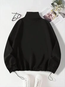 Black Drawstring Hooded Sweatshirt With Half Zipper, Plus Size - Black - View 2