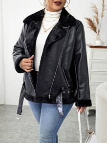 Calvaya 大码纯色保暖内衬休闲机车夹克，秋冬款