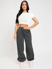 SHEIN PETITE Solid Elastic Waist Sweatpants - Grey - View 6