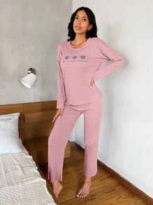 RueChic 花卉与口号图案罗纹针织 T 恤和裤子休闲套装 - 粉色 - 查看 4