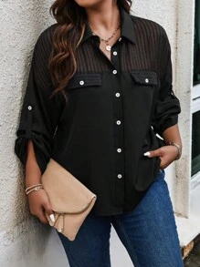 Calvaya 大碼網紗拼接捲邊袖翻蓋細節襯衫 - 黑色 - 查看 4