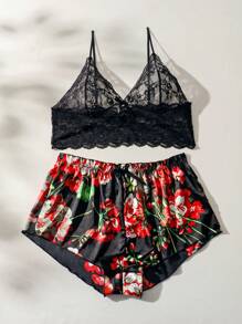 女式大碼花卉印花蕾絲性感內衣套裝 - 黑色 - 查看 5