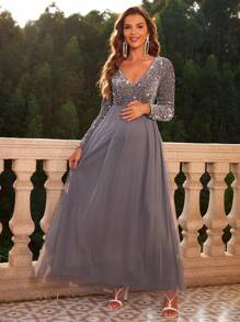 Joyfunear 亮片装饰 V 领长袖孕妇优雅连衣裙，适合派对