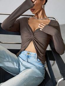 SHEIN Unity Màu thuần Xoắn Nút & Viền chia cắt Áo - Cà phê nâu - Xem 3