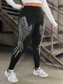 SHEIN EZwear Plus Size Leggings With Hotfix Rhinestone Wings Pattern - Black - View 1