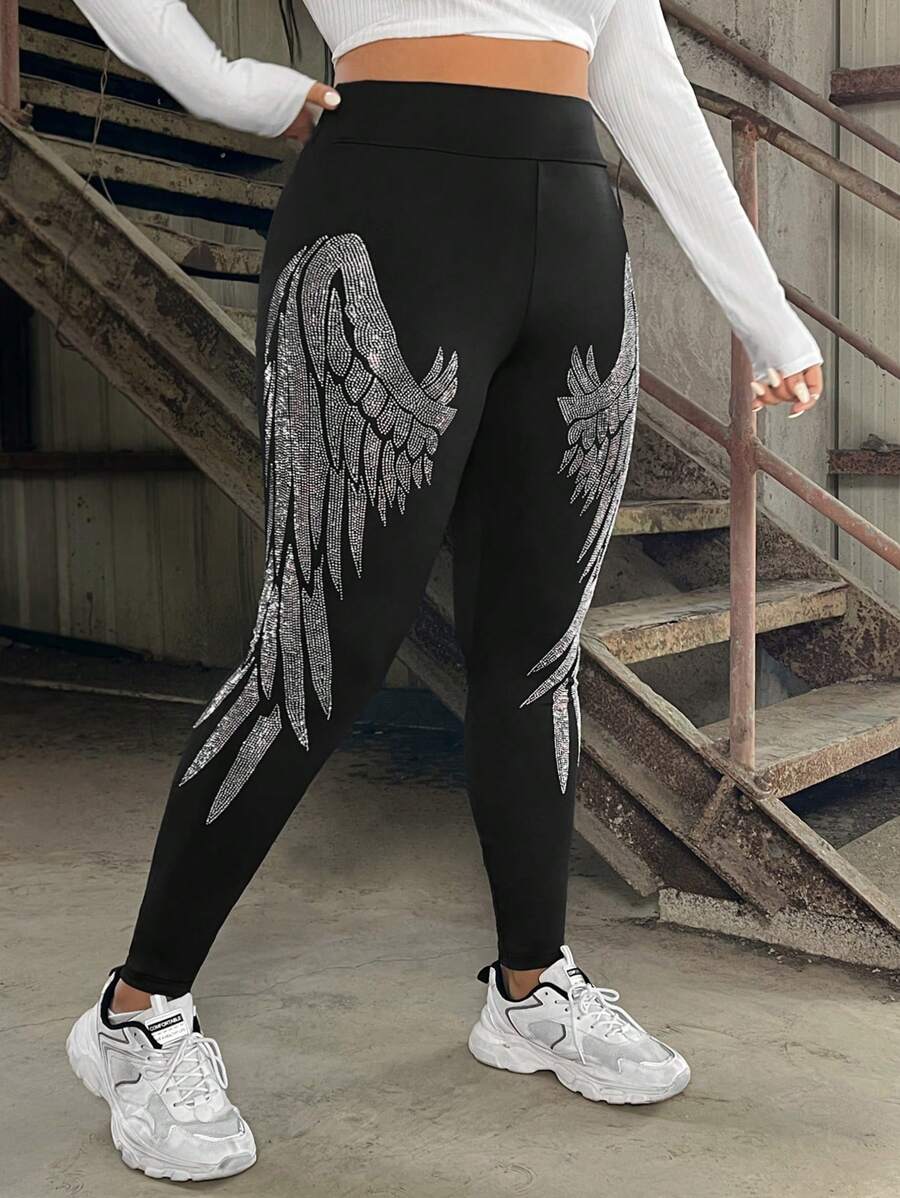 SHEIN EZwear Plus Size Leggings With Hotfix Rhinestone Wings Pattern - Black - View 1