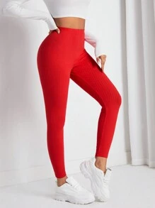 SHEIN Essnce Women's Ribbed Leggings - Red - View 3