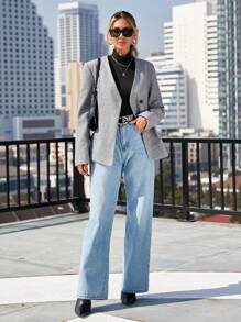 SHEIN BIZwear Của phụ nữ Single-breasted Len áo - Màu Xám nhạt - Xem 3