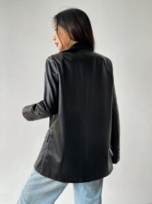 SHEIN EZwear Cổ áo tây Da giả Áo vest Áo khoác - màu đen - Xem 4