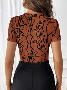 SHEIN Essnce Printed Short Sleeve Tight-fitting T-shirt - Brown - View 2