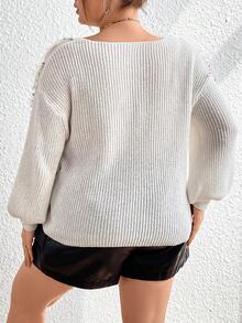 Flirla 女士大碼時尚閃爍貓鬚v領毛衣 - 白色 - 查看 2