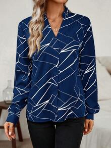 SHEIN LUNE Notched Collar Geometric Print Shirt With Frill Trimmed - Navy Blue - View 4
