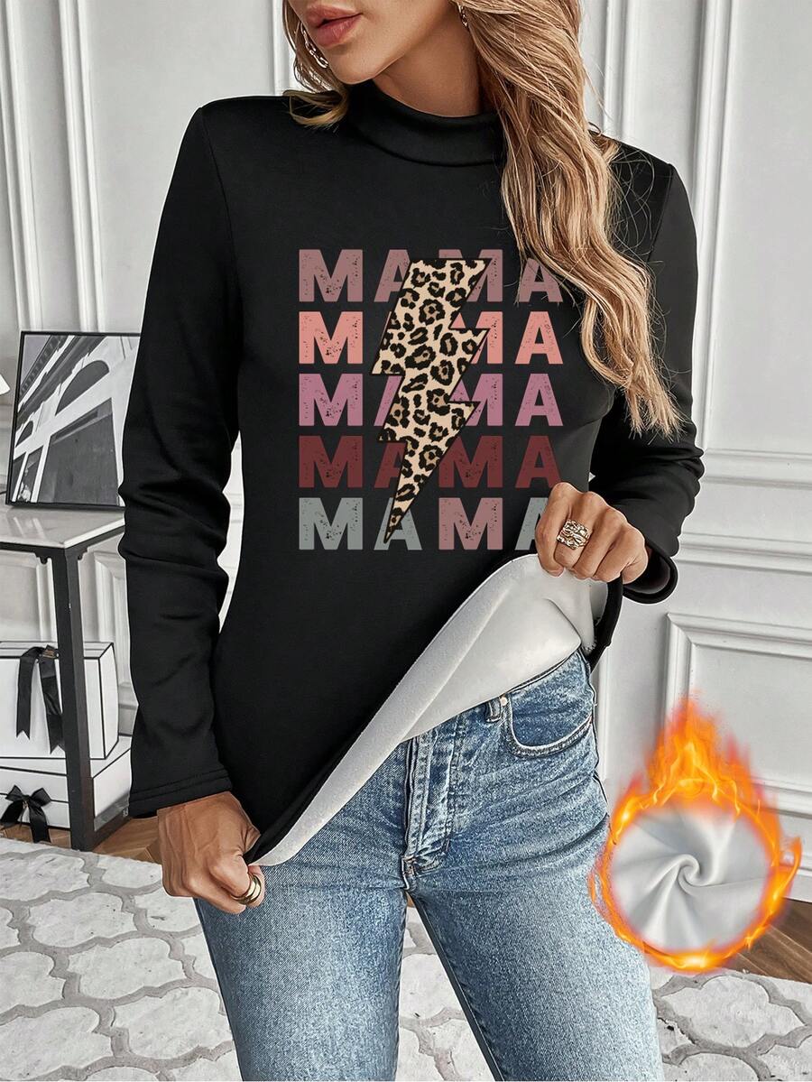 SHEIN LUNE Letter Graphic Mock Neck Thermal Lined Tee - Black - View 1