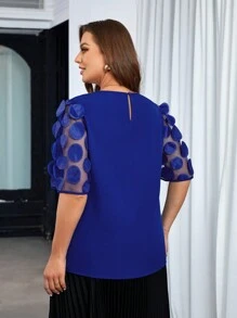 SHEIN Privé 大碼拼接貼花網紗袖襯衫 - 寶藍色 - 查看 2