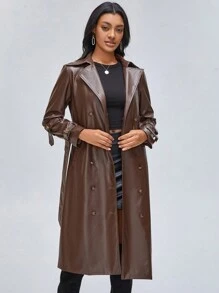 CHEYENNE SAHARA Đôi ngực Thắt lưng chất liệu da PU Áo khoác Trench - màu nâu - Xem 4
