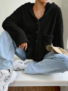 SHEIN EZwear Của phụ nữ Sang trọng Nút lên áo có mũ Áo khoác - màu đen - Xem 5