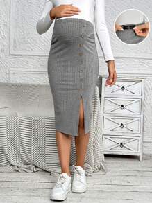 SHEIN Maternity Button Decorated Slit Hem Skirt - Grey - View 1
