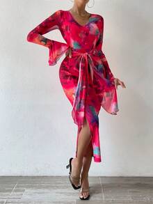 SHEIN Privé In toàn bộ Cổ chữ V Có nút & Self-Tie Thắt lưng & Khe Chi tiết Tay áo dài Đầm - Đỏ - Xem 2