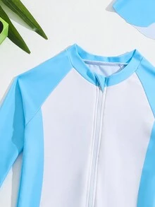 Em bé Con trai Một miếng Áo bơi Với In Thiết kế Và In ngẫu nhiên + Mũ - Màu xanh lam - Xem 4