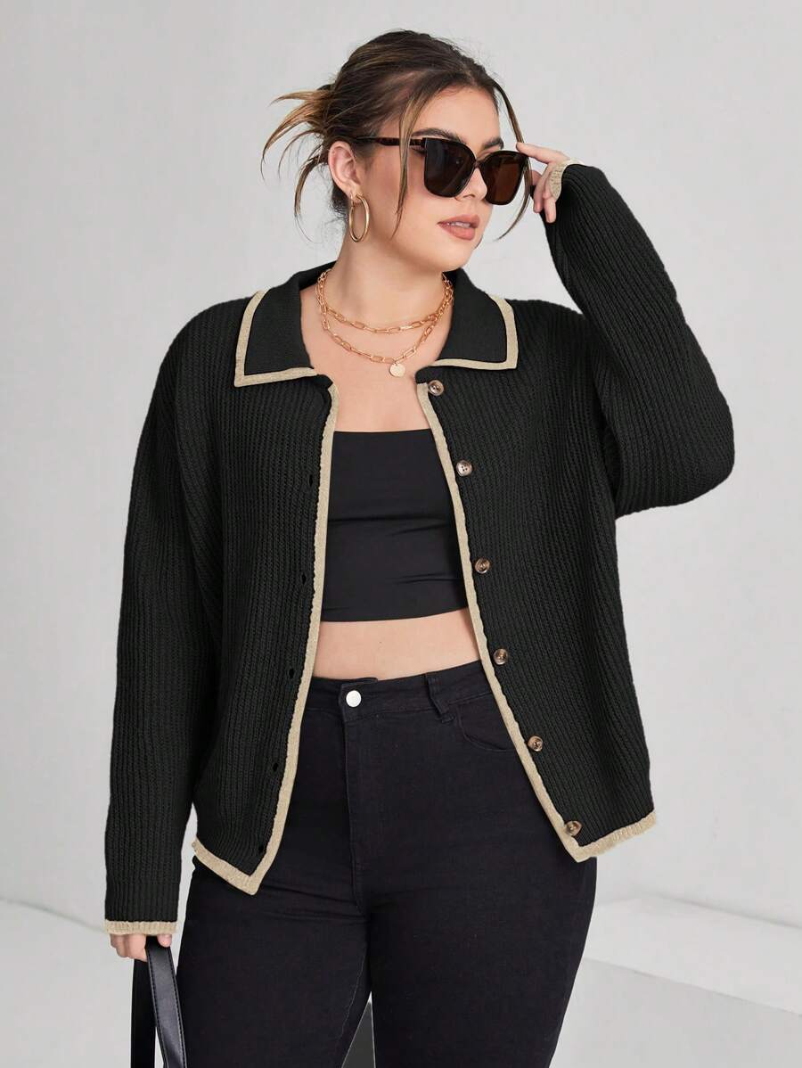 SHEIN Essnce Plus Size Colorblock Edging Cardigan - Black - View 1