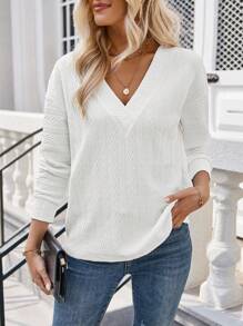 SHEIN LUNE White V-neck Long Sleeve T-shirt - White - View 5