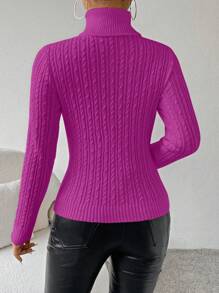 SHEIN Essnce Ladies' Pink High Neck Cable Knit Sweater - Red Violet - View 2