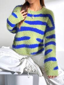 SHEIN Qutie 條紋圖案下垂肩毛衣 - 綠色 - 查看 6