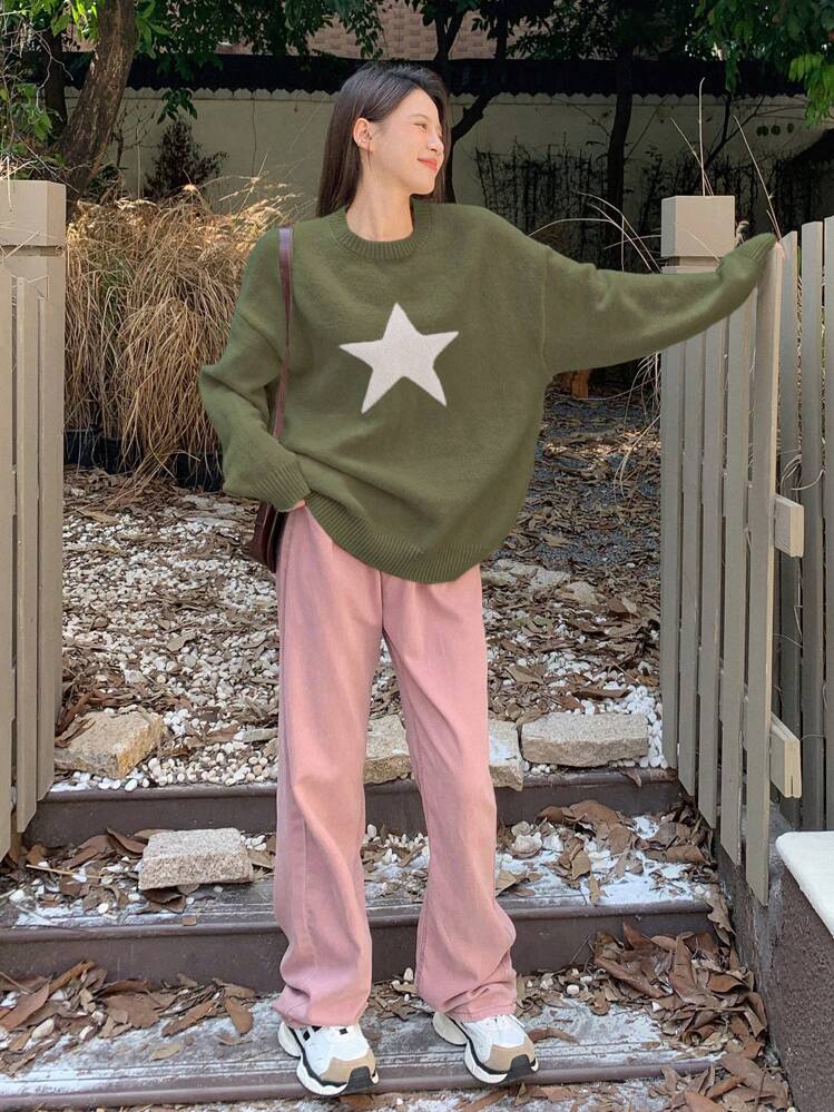 DAZY Women's Drop Shoulder Sweater With Star Pattern - Green - View 7