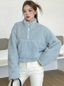 Dazy Star 女款半拉鍊落肩運動衫 - 藍色 - 查看 8