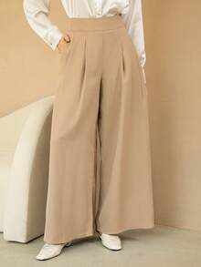 SHEIN BIZwear 女性高腰百摺寬褲 - 卡其色 - 查看 4