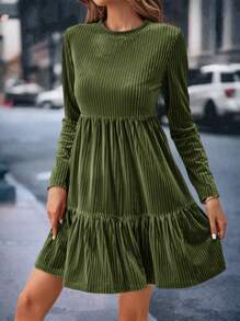 SHEIN Clasi Women's Long Sleeve Ruffle Hem Dress - Army Green - View 4
