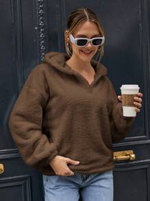 EURMUSE Solid Drop Shoulder Teddy Sweatshirt - Brown - View 4