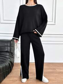 EURMUSE 女士彩色邊緣拼接下垂肩毛衣和針織寬腿褲,側邊開口 - 黑與白 - 查看 4