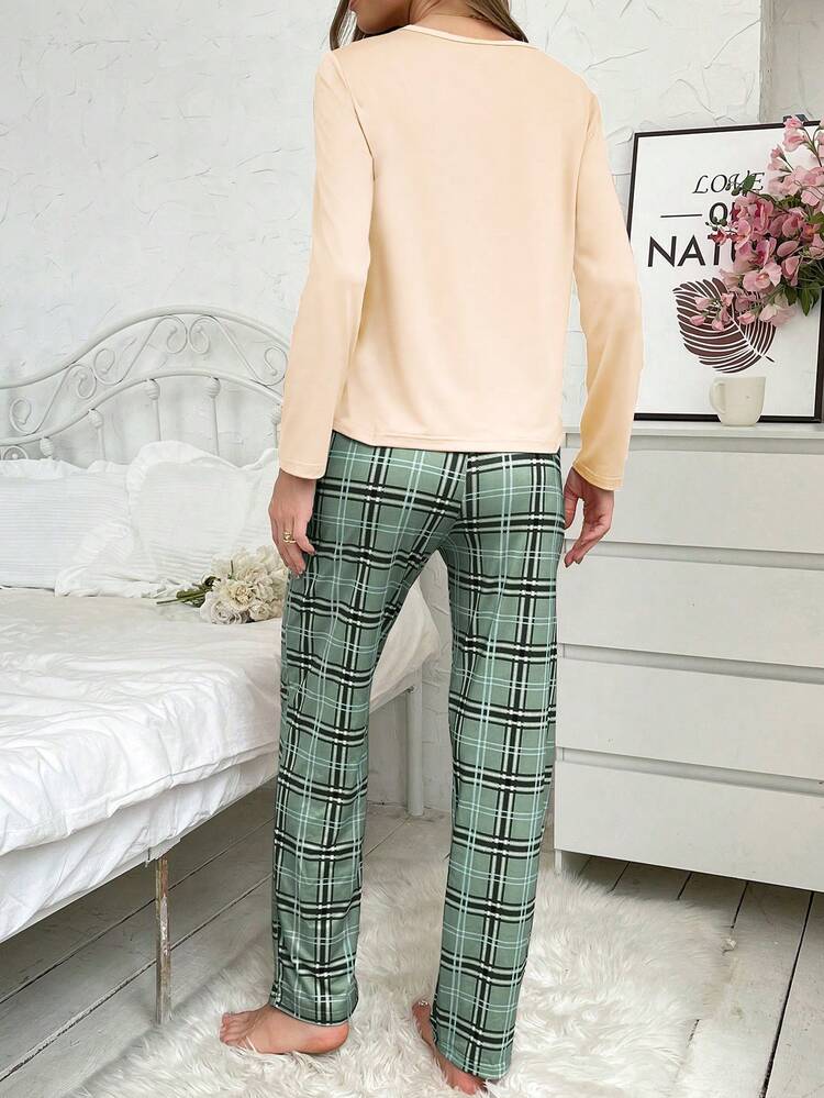 Plaid Long Sleeve Pajamas Set - Apricot - View 2
