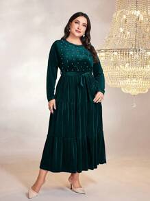 Modelyn Plus Size Pearl Decorated Belted Dress - Green - View 3