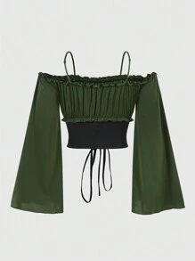 ROMWE Fairycore Haut court vert à bretelles spaghetti pour femme - Militaire verte - Voir 2