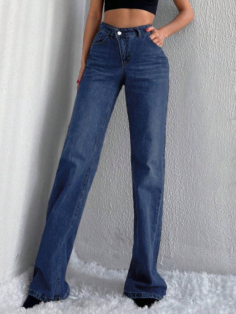 Cottnline High Waist Straight Leg Jeans - Blue - View 1