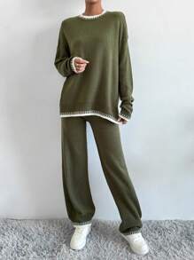 SHEIN LUNE Jersey ribete en contraste de hombros caídos con pantalones tejidos - Verde - Ver 3