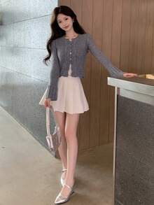 DAZY Women's Lapel Collar Cardigan With Front Buttons - Grey - View 8