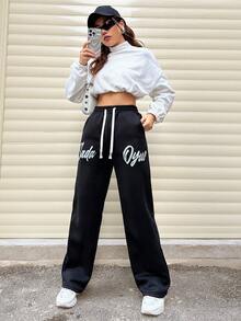 SHEIN Unity 女式字母印花抽绳腰部羊毛运动裤 - 黑色 - 查看 4