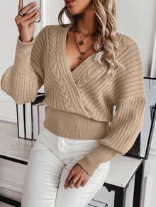 SHEIN Clasi Women's Solid Color V-neck Pullover Sweater - Khaki - View 5