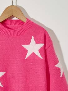 SHEIN Young Girl Star Patch Round Neck Sweater Pullover - Hot Pink - View 6