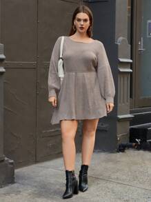 SHEIN Privé Plus Scoop Neck Lantern Sleeve Sweater Dress - Apricot - View 6