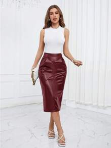 SHEIN Privé צבע אחיד חצאיות עם משופע כיסים - בורגונדי - ראה 5