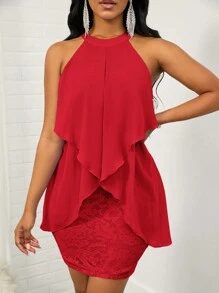 SHEIN Lady 蕾絲拼布修身連身裙 - 酒紅色 - 查看 4