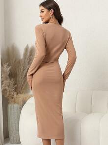 SHEIN Clasi 女士單排釦長袖t恤和開叉擺裙子套裝